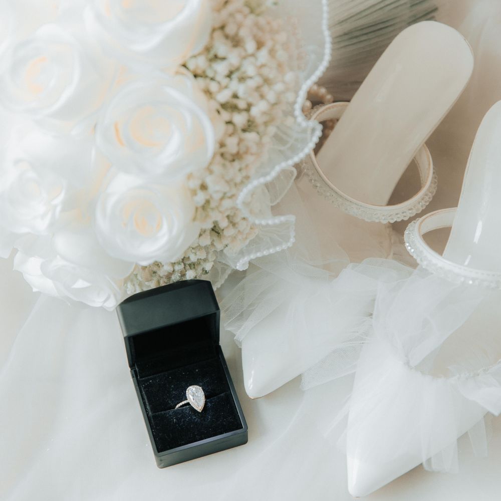 A wedding bouquet of white roses and greenery